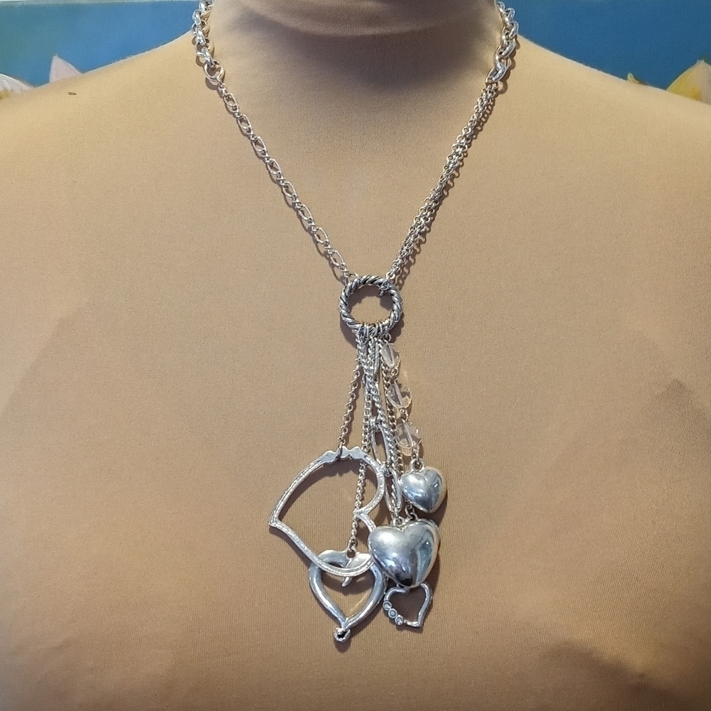 Silvertone heart and faux diamond multiple pendants 18 inch chain